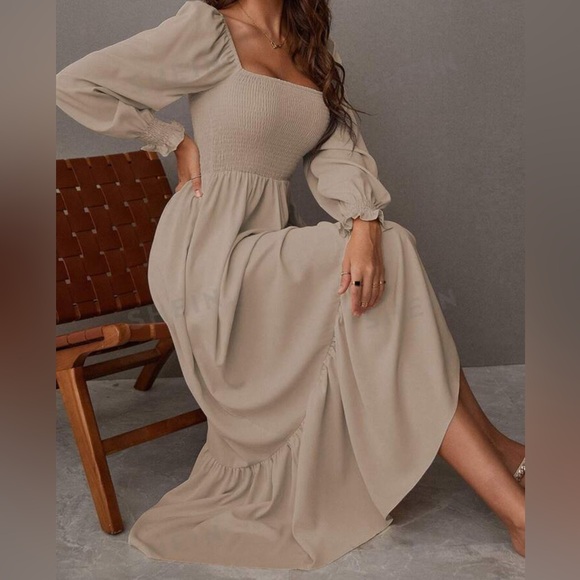 SHEIN Khaki Square Neck Shirred Ruffle Hem Dress- Size M - Picture 1 of 13